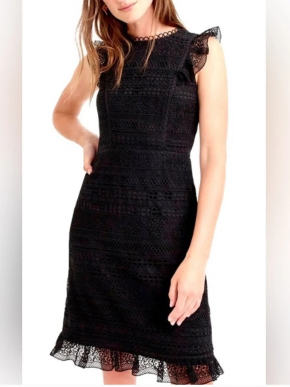 J. Crew Black Mixed Lace Cap Sleeve Ruffed Dress Size 8